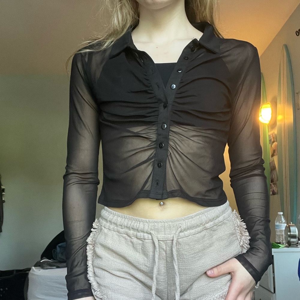Sheer Black Collared Button Up